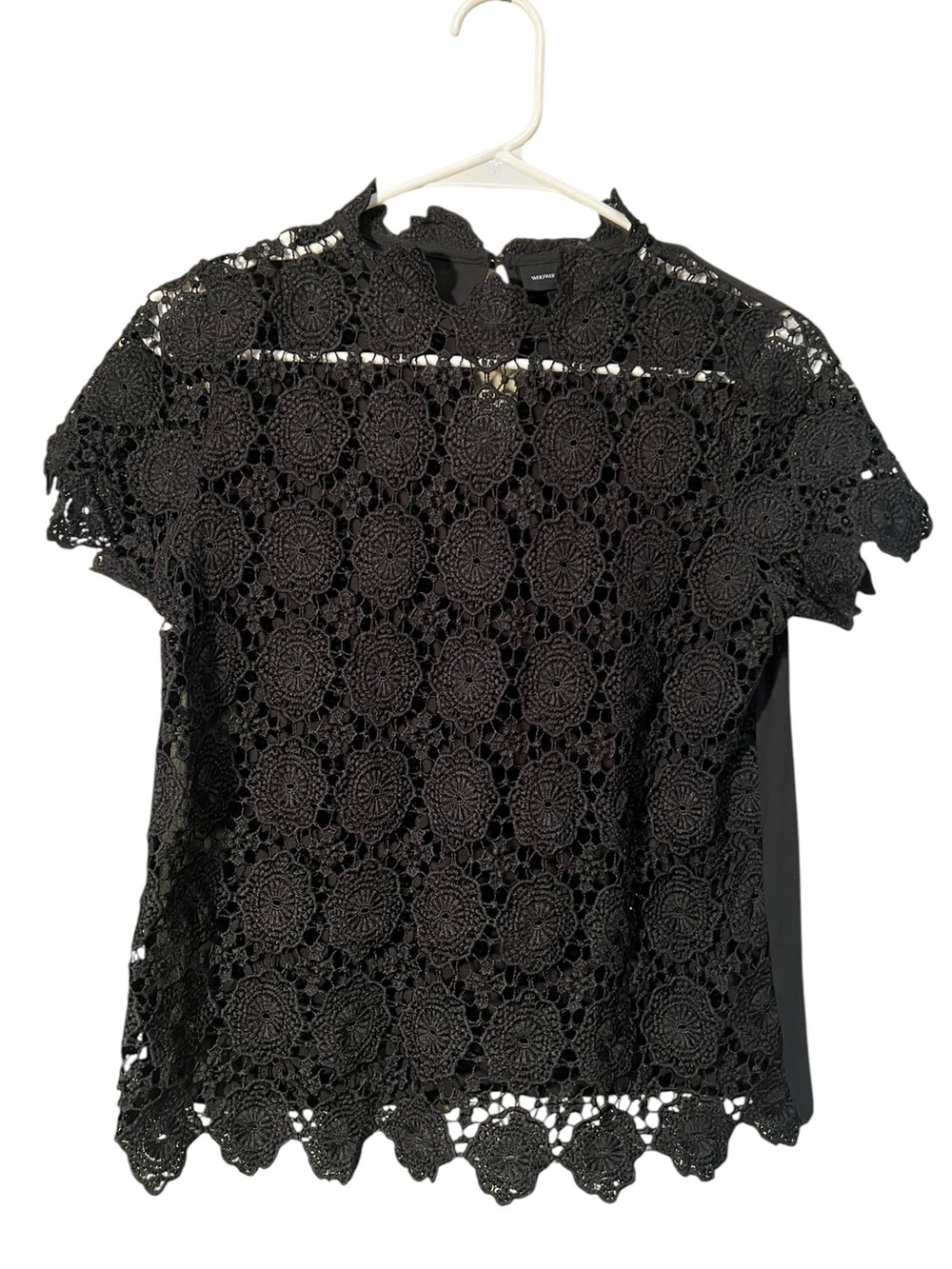 Who What Wear Women's Size XS Short Sleeve Blouse Black Crochet Front Sheer High